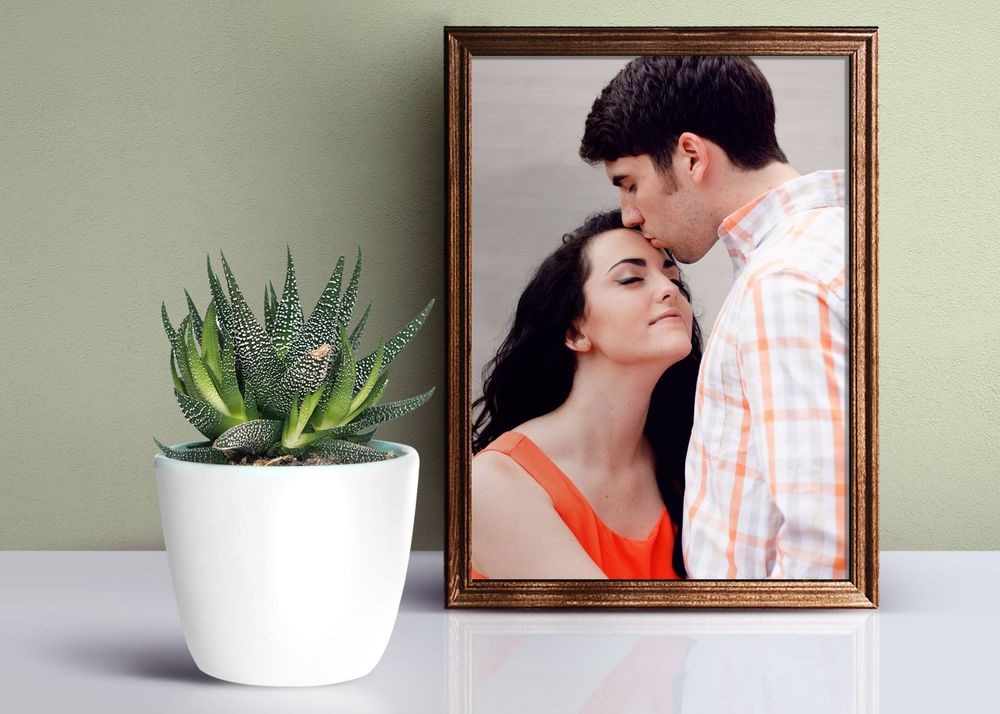 couple in frame on shelf with plant