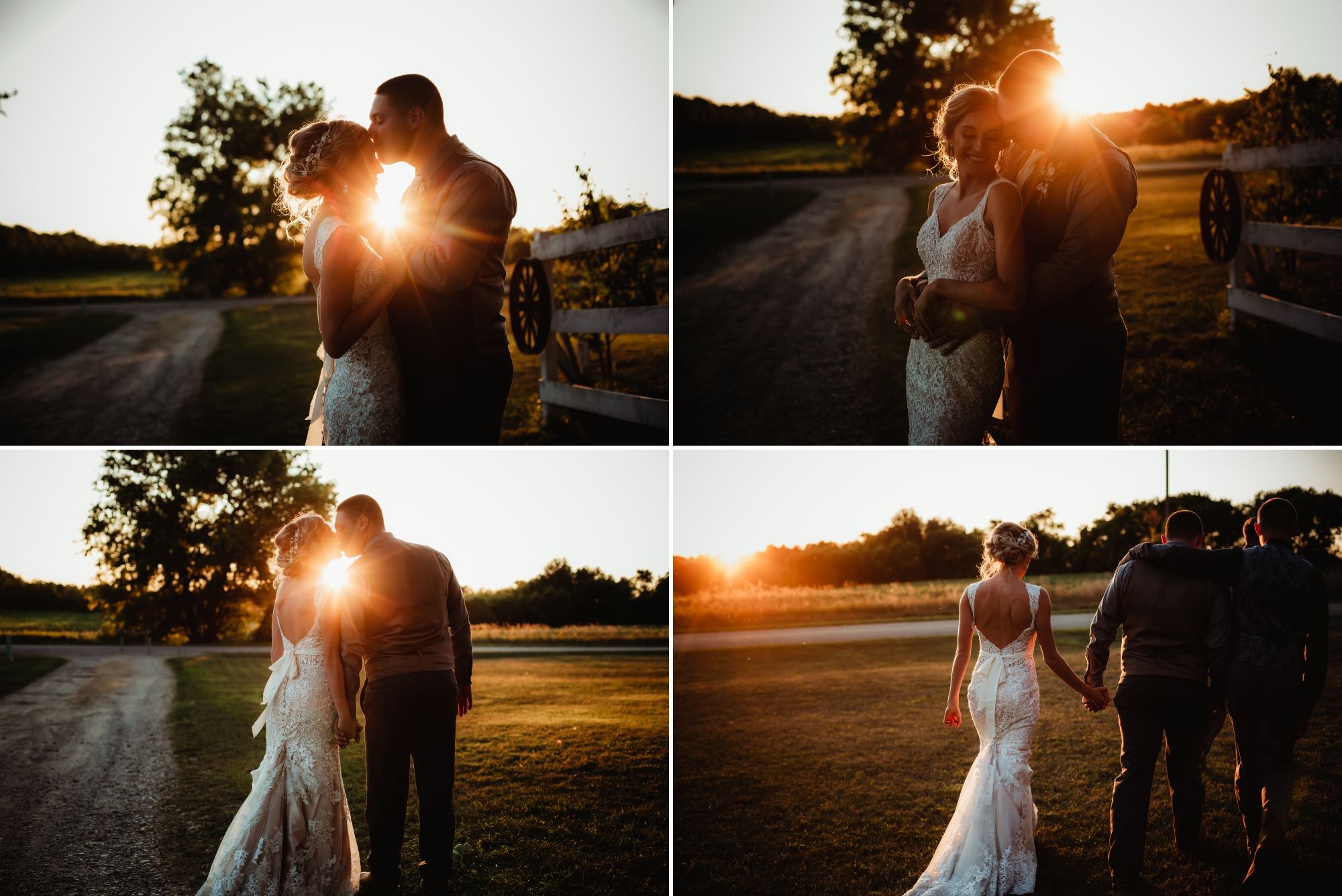 Collage of the bride and groom kissing and embracing with golden sunlight coming from behind them.