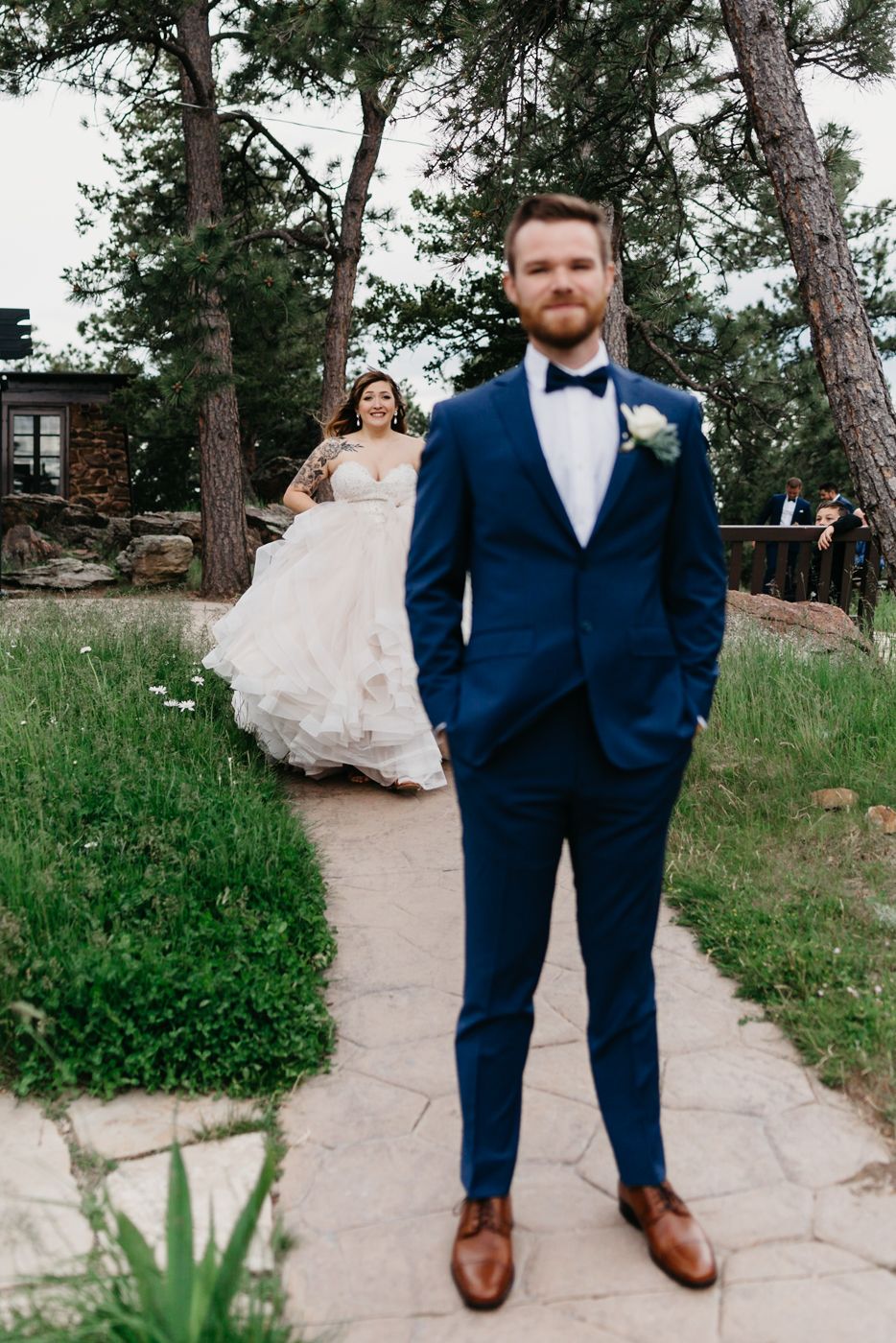 first look, tattooed bridge, alternative wedding, colorado, forest, mountains, beautiful, best colorado weddings