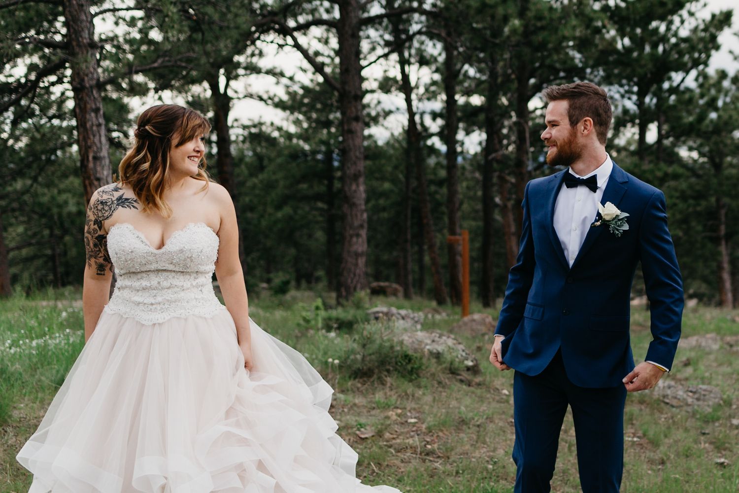 first look, tattooed bridge, alternative wedding, colorado, forest, mountains, beautiful, best colorado weddings