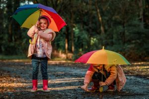 Two girls with rainbow umbrellas by Melbourne photographer Kate Cashin