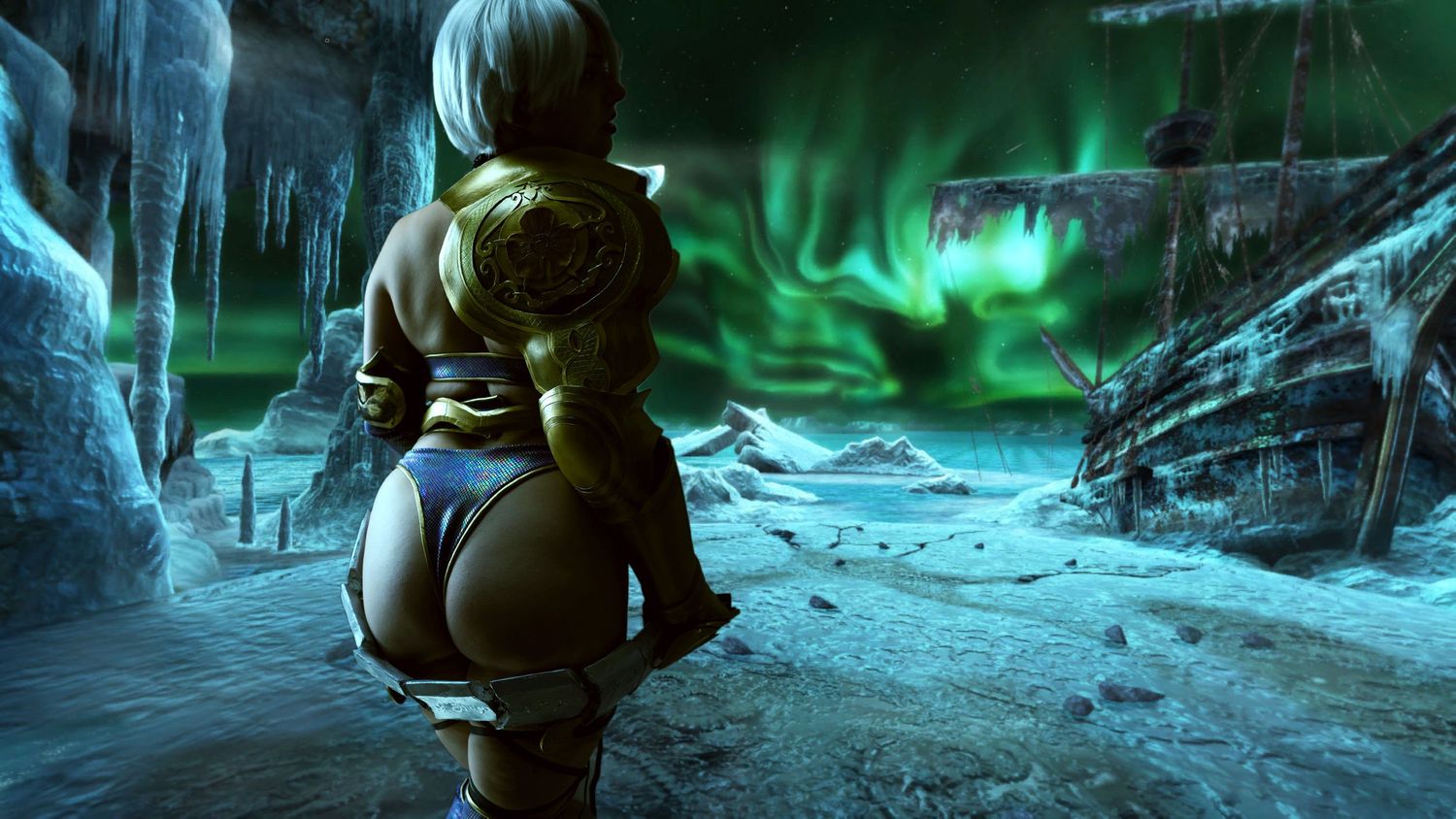 An Ivy Valentine Soulcalibur cosplayer stands in front of the ghost ship Adrian.