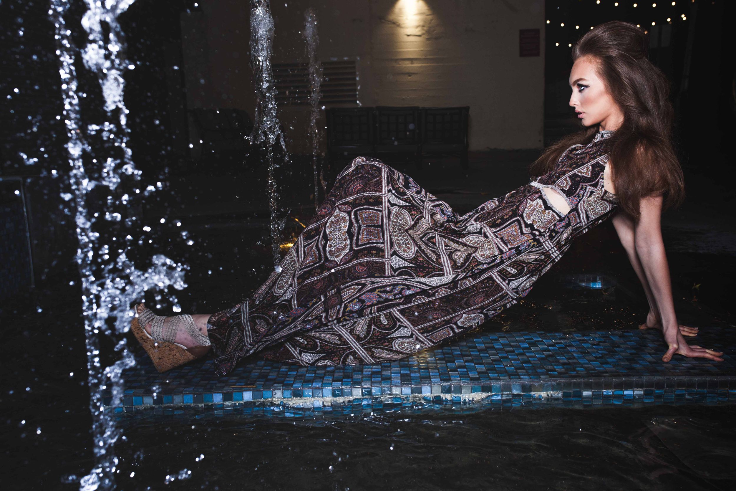 Model Crystal Van Commenee National A-List Magazine Editorial Los Angeles Rockabilly Laying in Water Fountain Long Dress