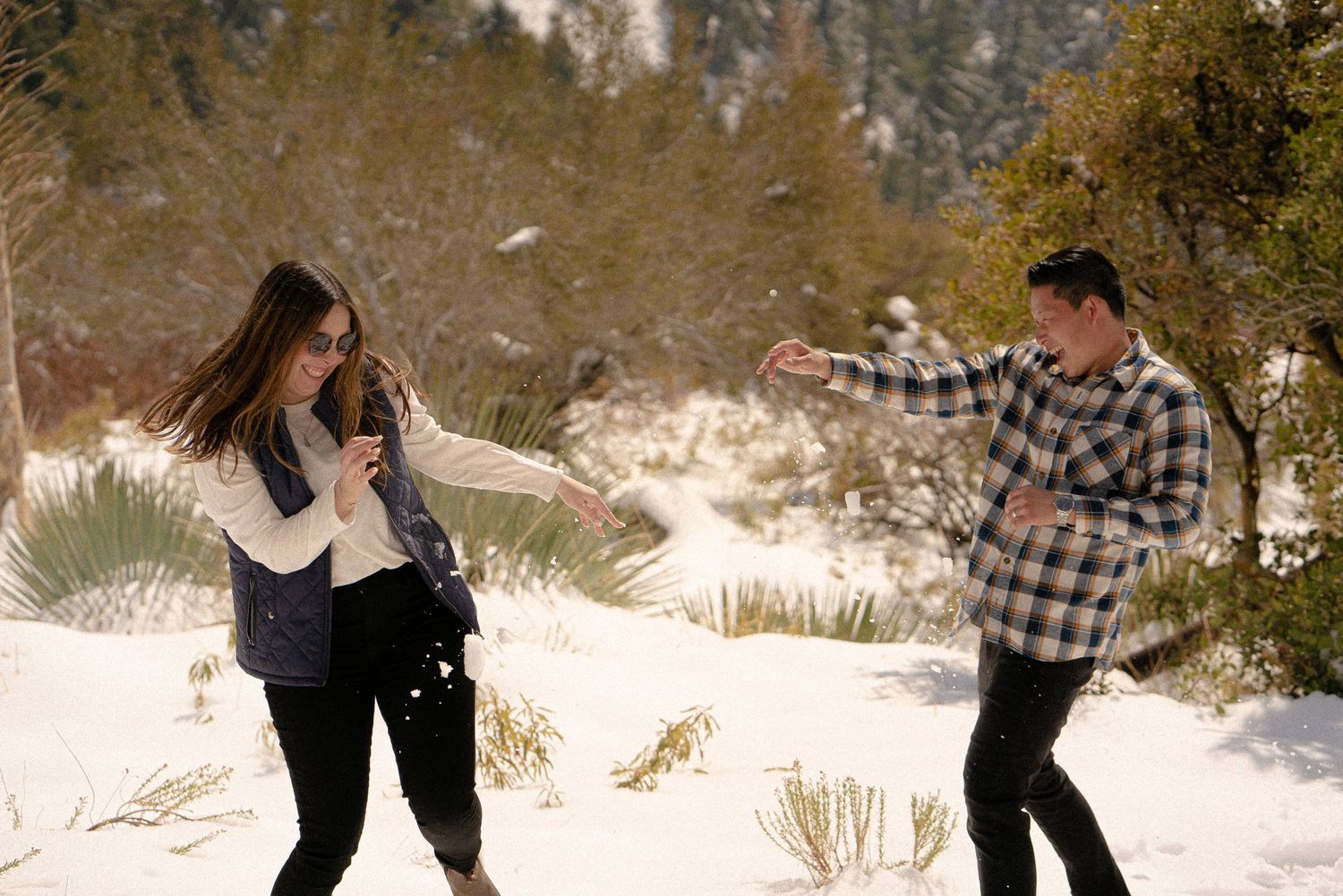 Mt. Baldy California Couples Session - snow day with sledding and snowball fights - forest and cabin adventure session