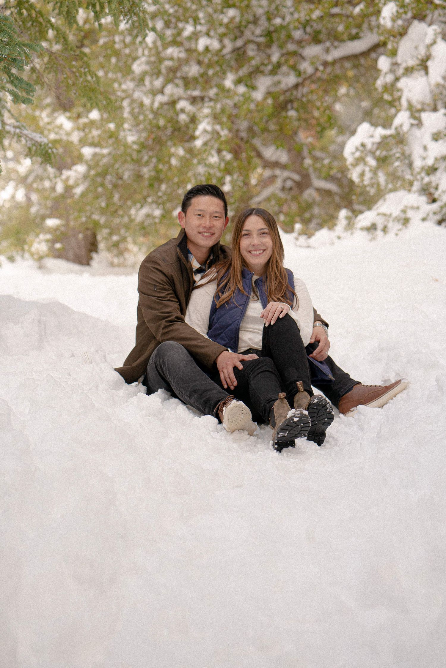 Mt. Baldy California Couples Session - snow day with sledding and snowball fights - forest and cabin adventure session