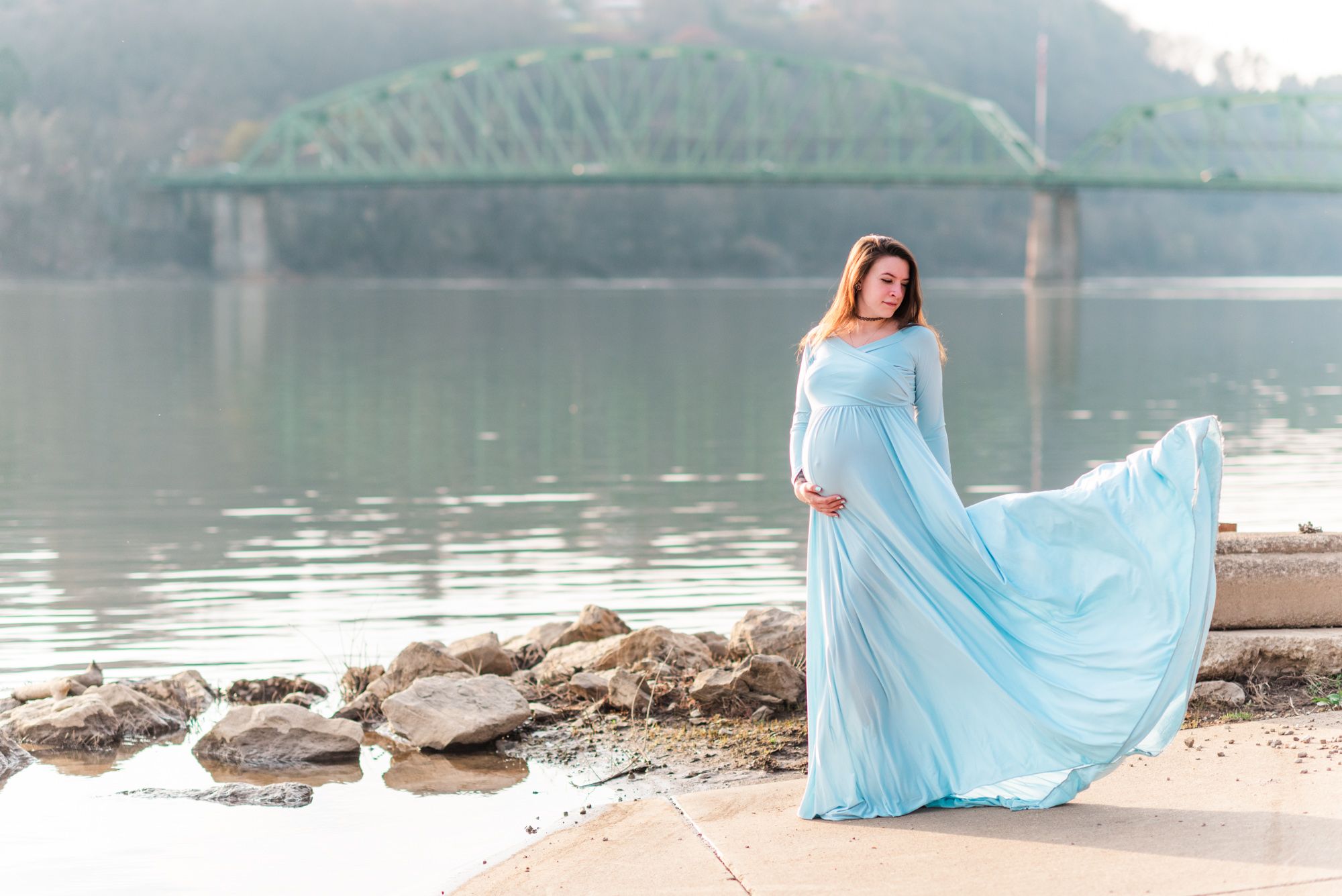 Maternity photos with flowing dress in golden hour in Kittanning, Pennsylvania