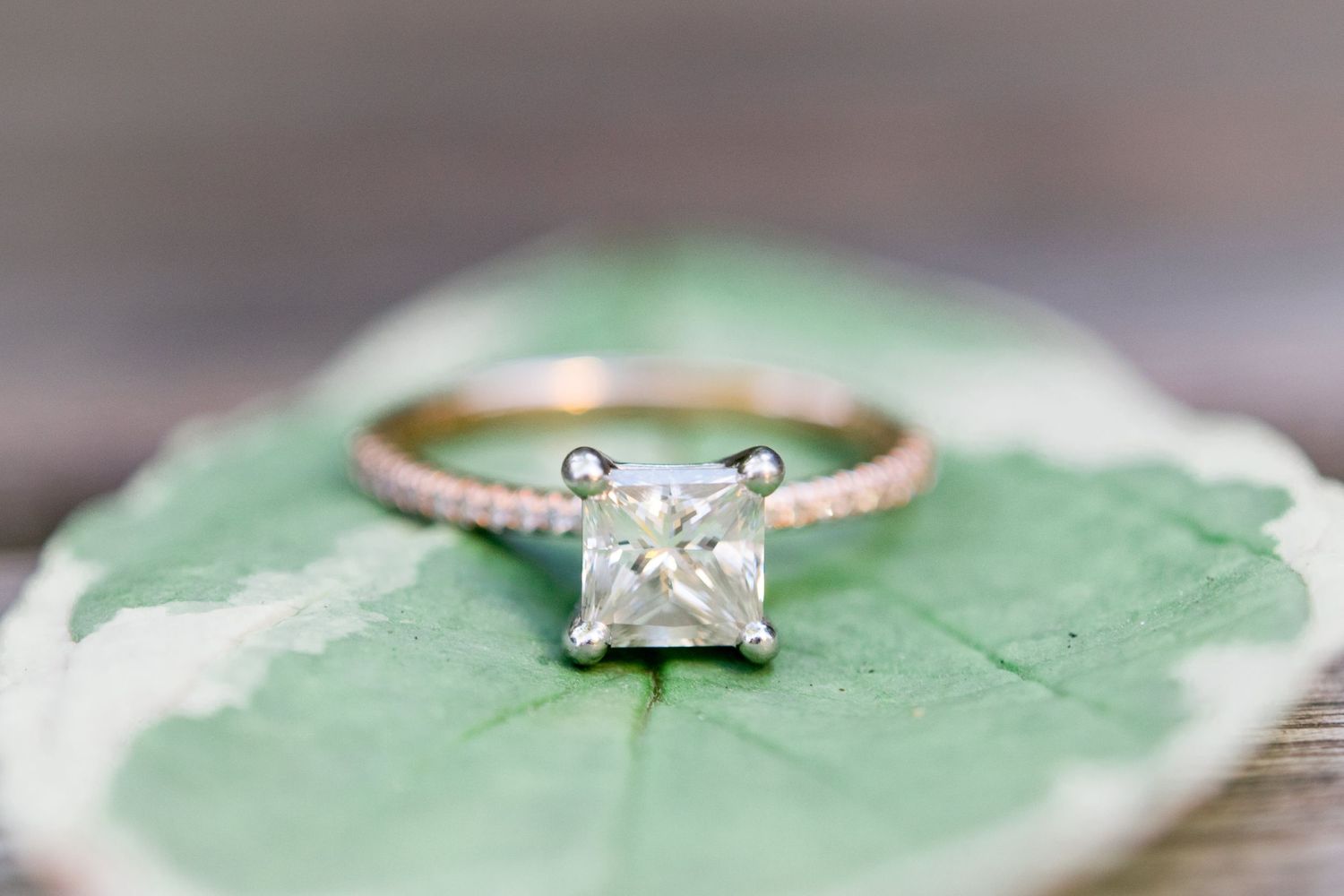square engagement ring on a light green leaf