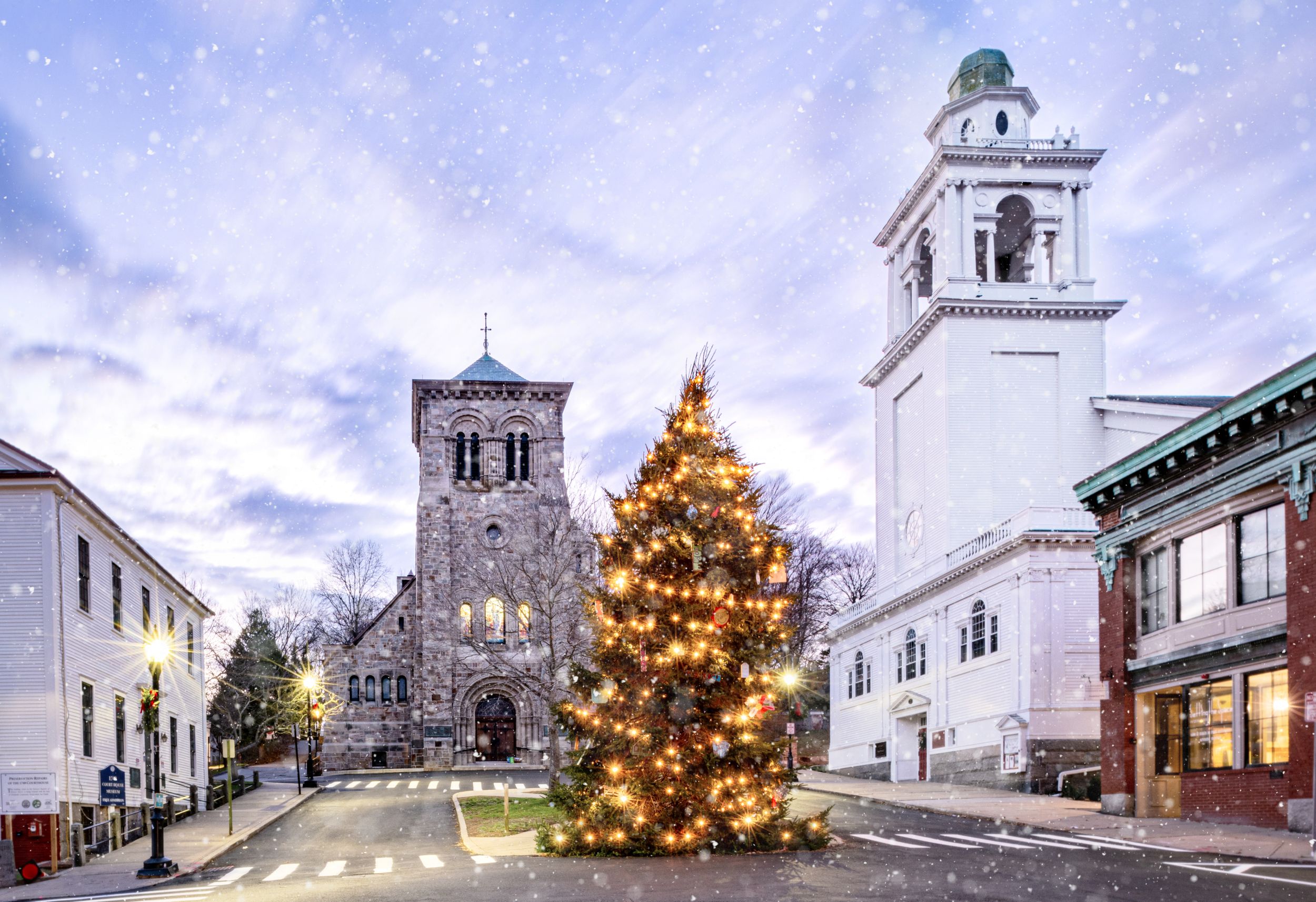 Festive New England holiday Christmas tree in Plymouth Massachusetts