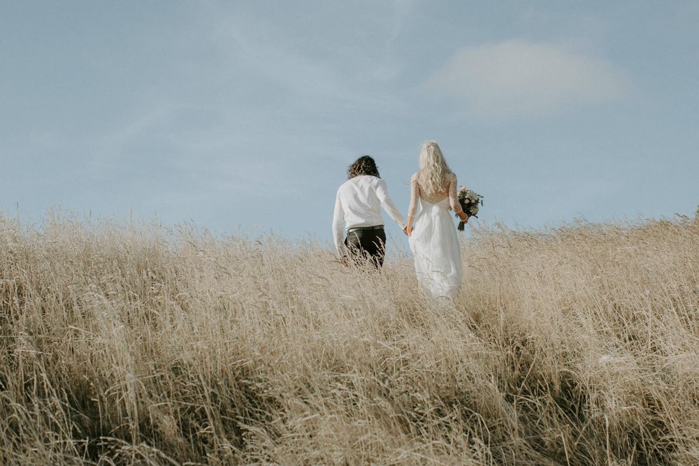 Wedding couple walking through tall golden grass on a hillside.