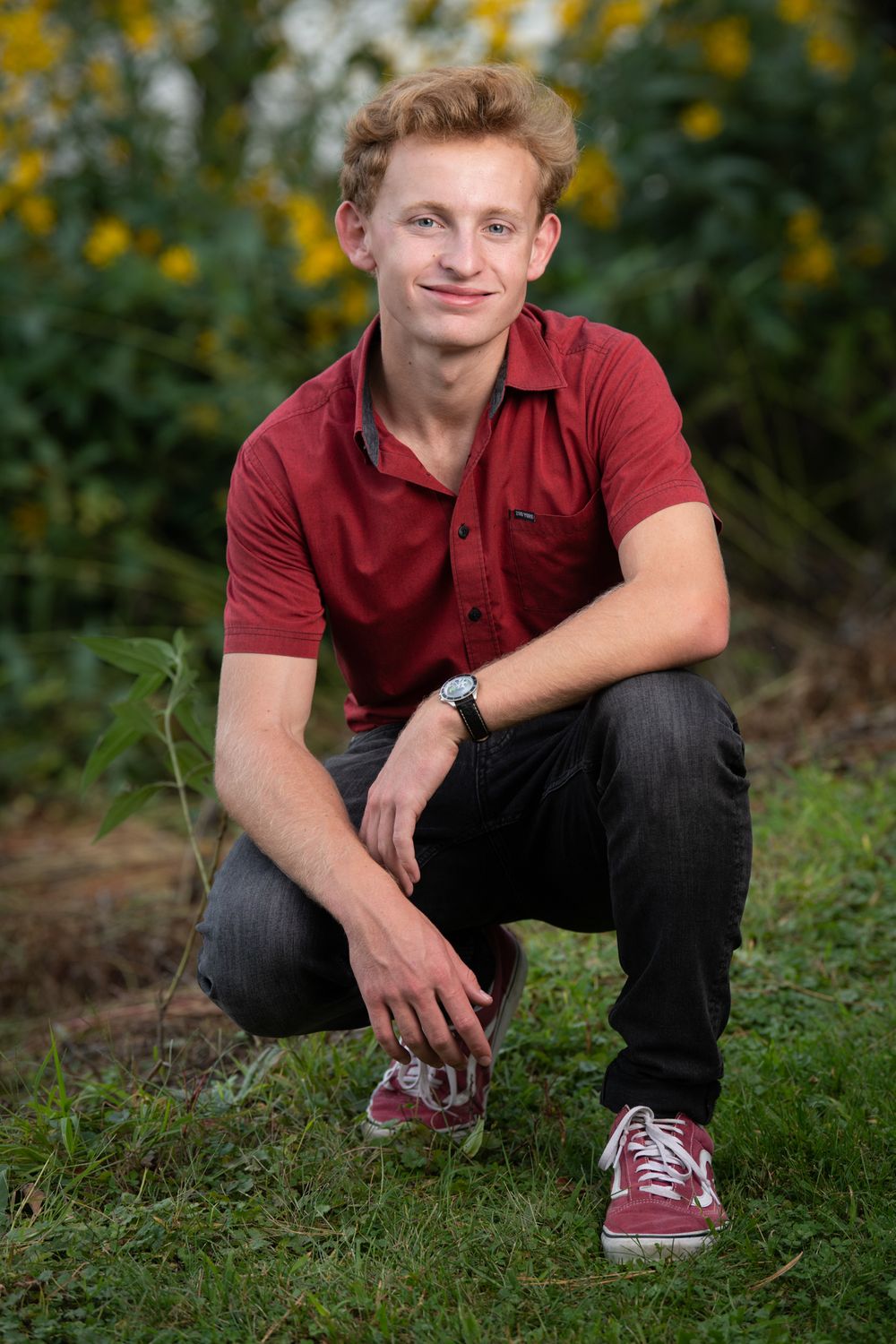 senior photos, red vans, watch, yellow flowers, Hok Si La, Lake City, Minnesota