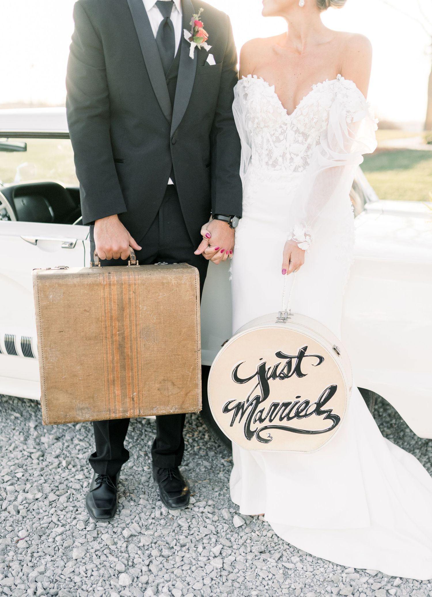 Light and airy Elopement wedding with vintage car at 1868 Farmhouse Wedding in Boone, Iowa with Modern Dress bridal gown