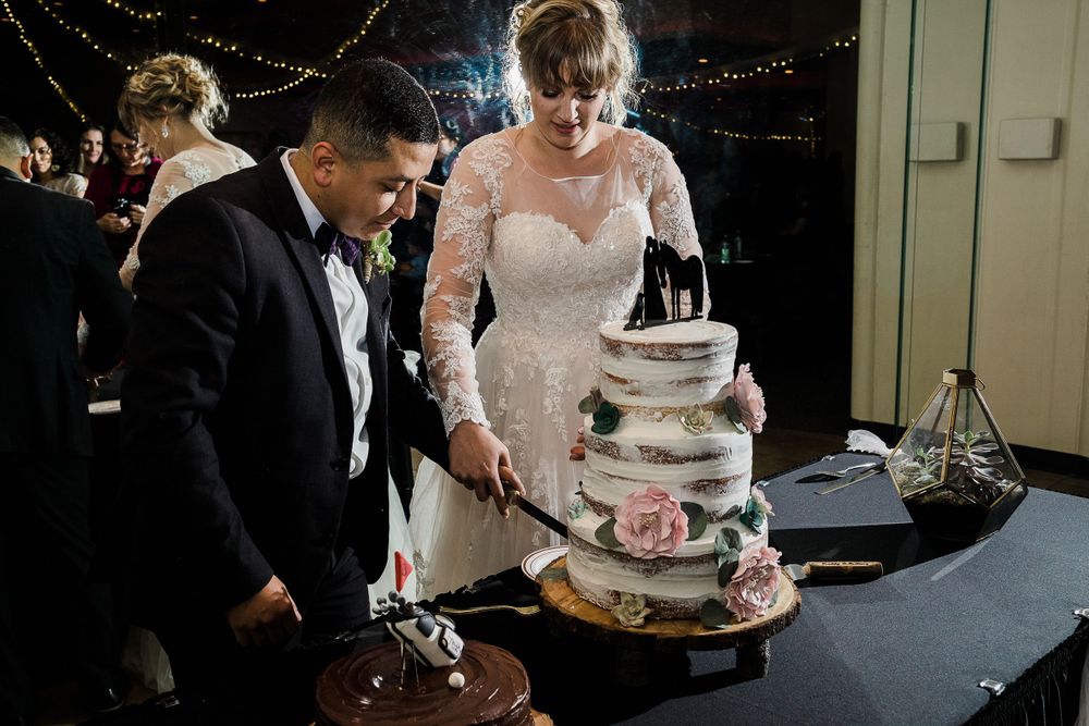 Bride and groom cut naked wedding cake with succulents and cactus flowers