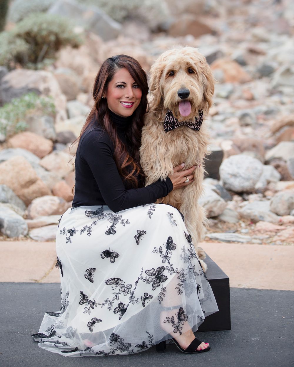 A goldendoodle dog and companion pose together on rocky terrain against a neutral background.