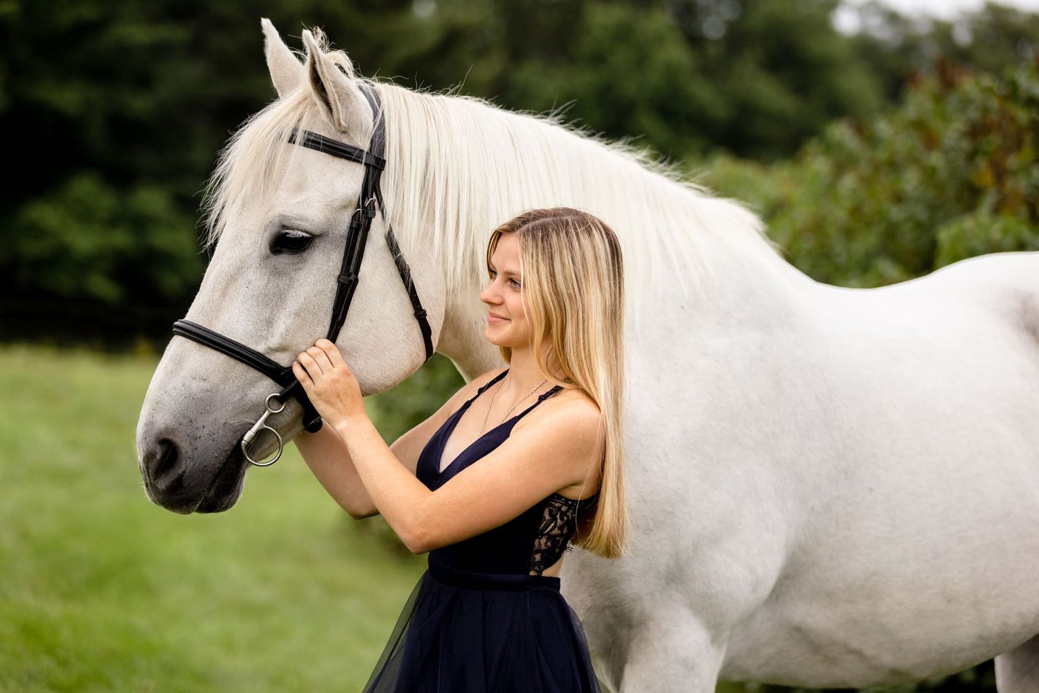 equestrian portraits summer New England Maine blonde girl navy dress