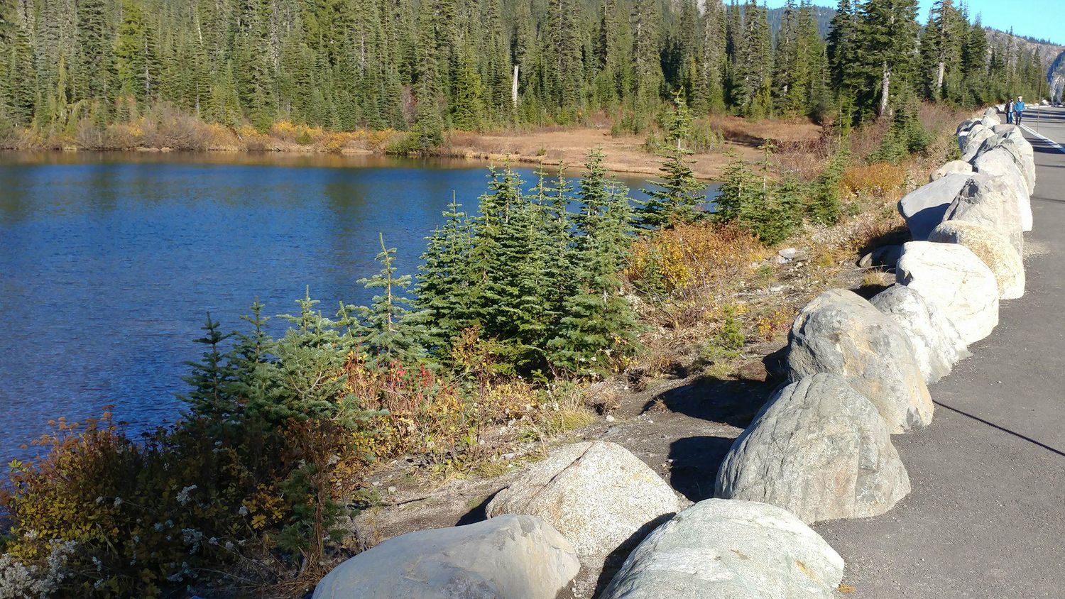 Lake view with stone barrier and evergreen trees along shoreline path.