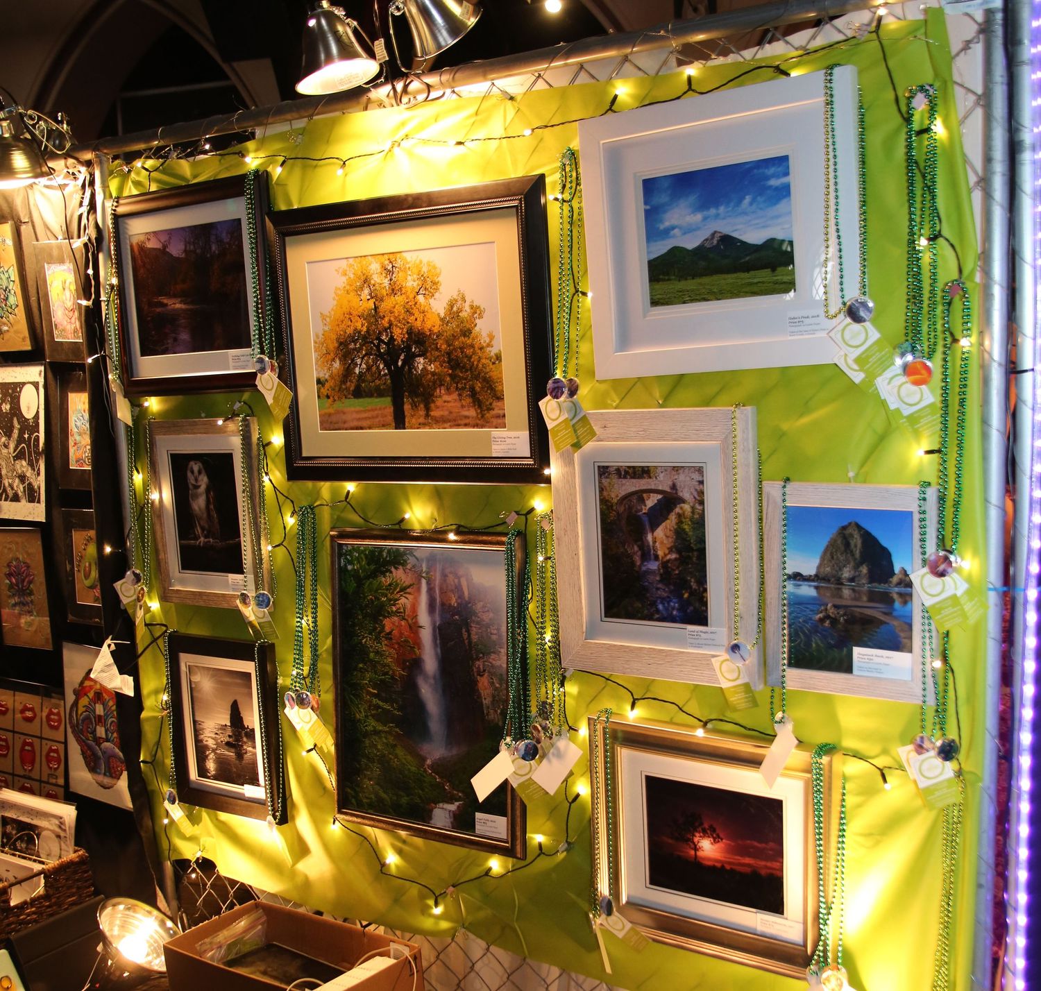 Art gallery wall display with framed photographs and artwork illuminated by warm lighting.