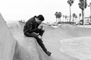Actor Christian James Diesel Leather Biker Jacket Converse Venice Skate Park California James Dean Tom Ryen Skate Board