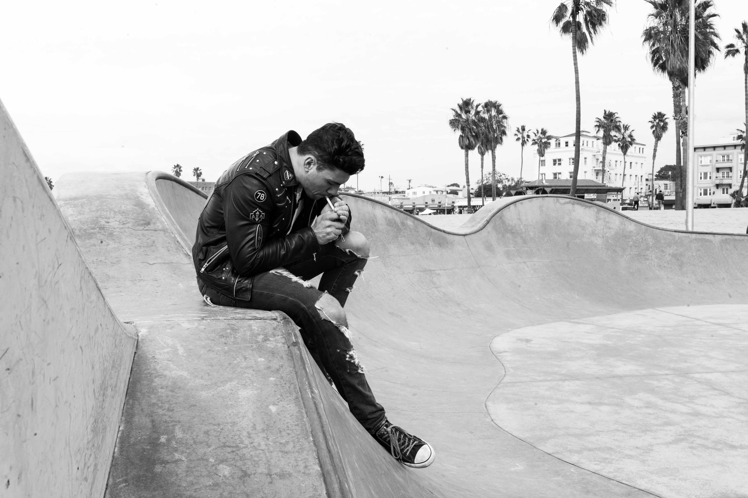 Actor Christian James Diesel Leather Biker Jacket Converse Venice Skate Park California James Dean Tom Ryen Skate Board