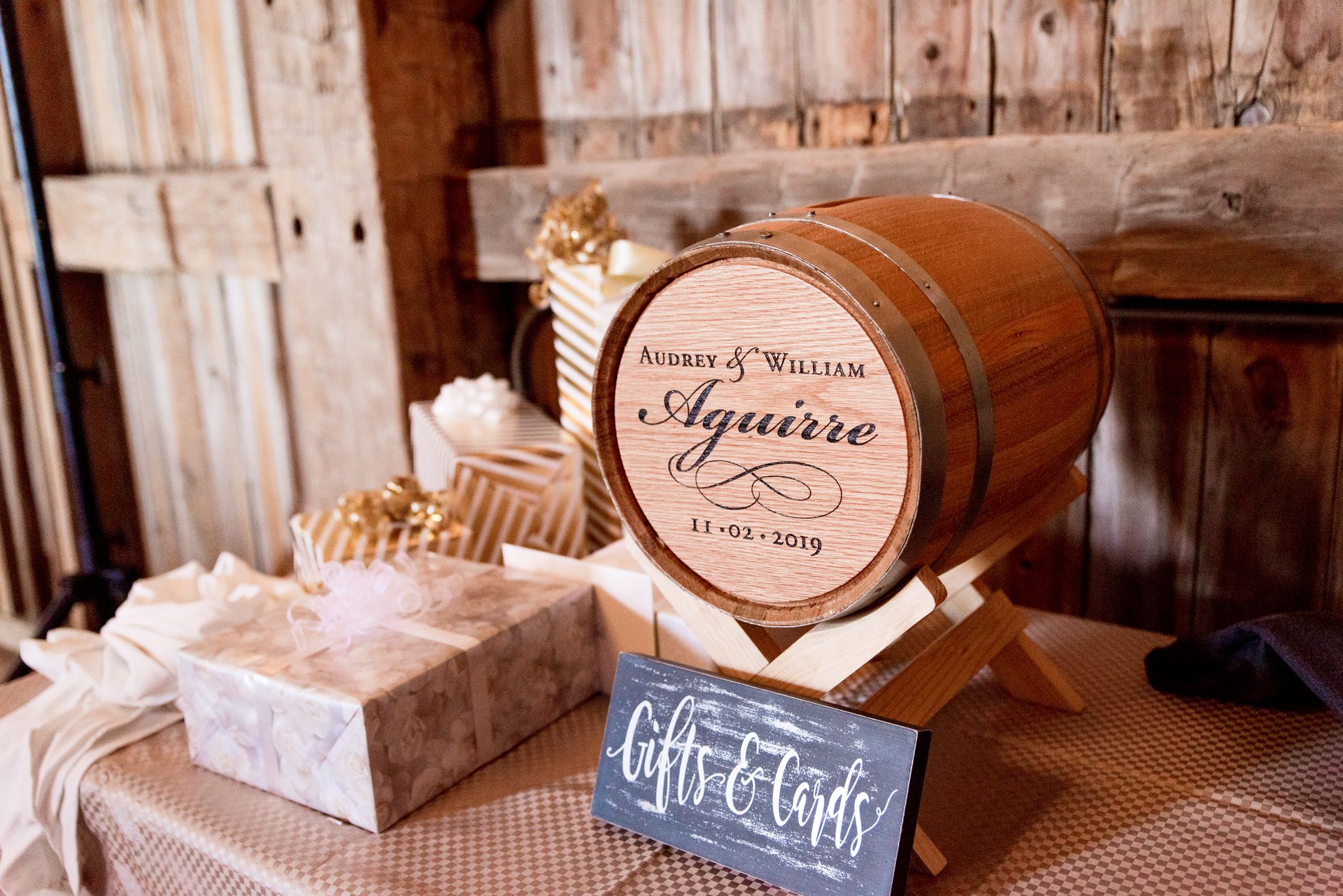 barrel for cards with the bride and grooms name on it