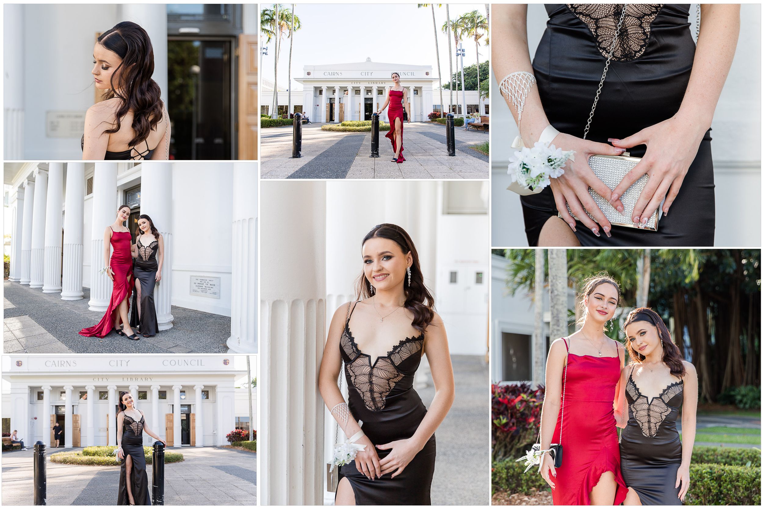 Two female high school seniors pose at the Cairns Library before attending high school formal at the Cairns Convention