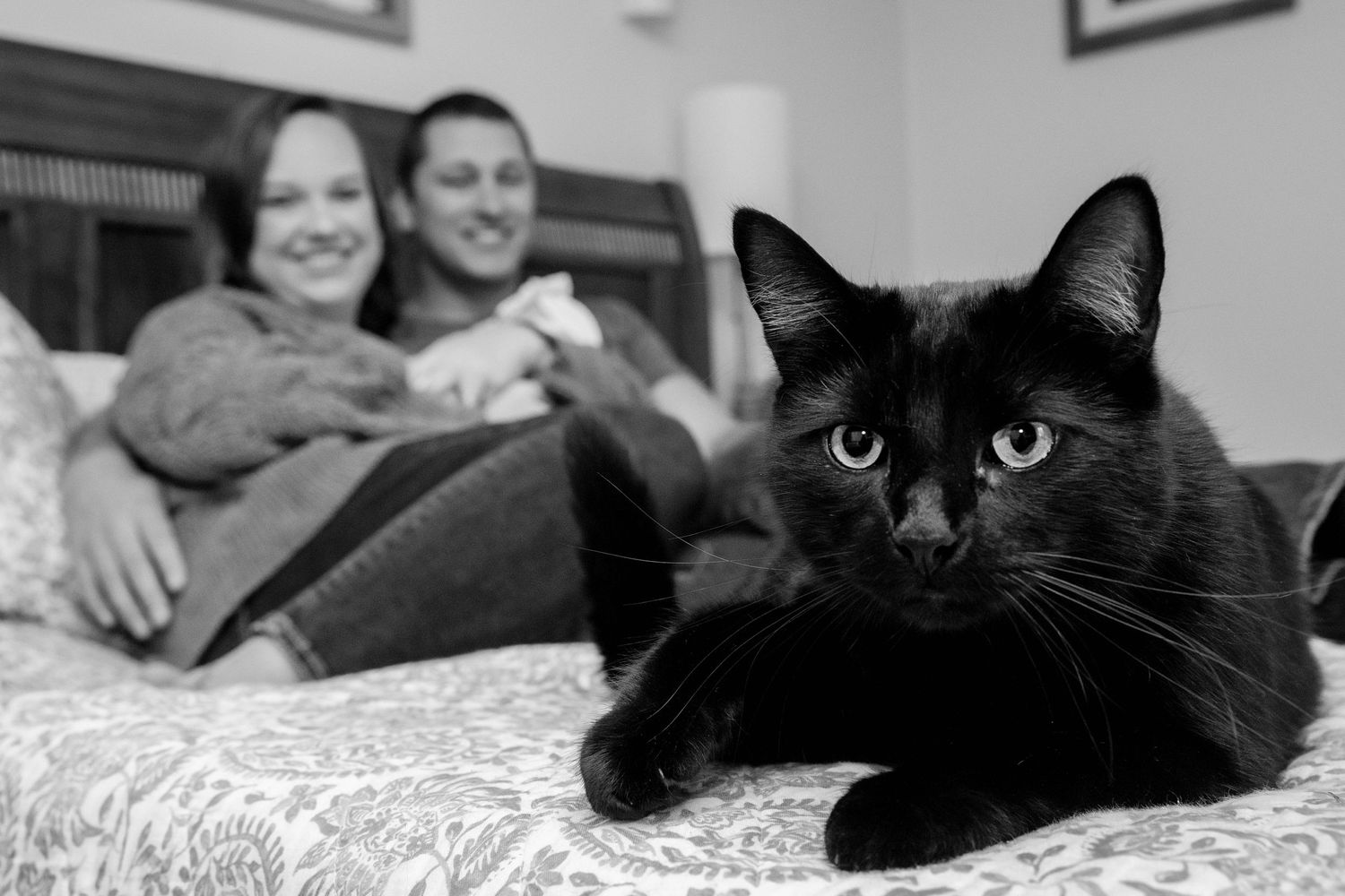 A black cat in focus with people relaxing on a bed in the background.