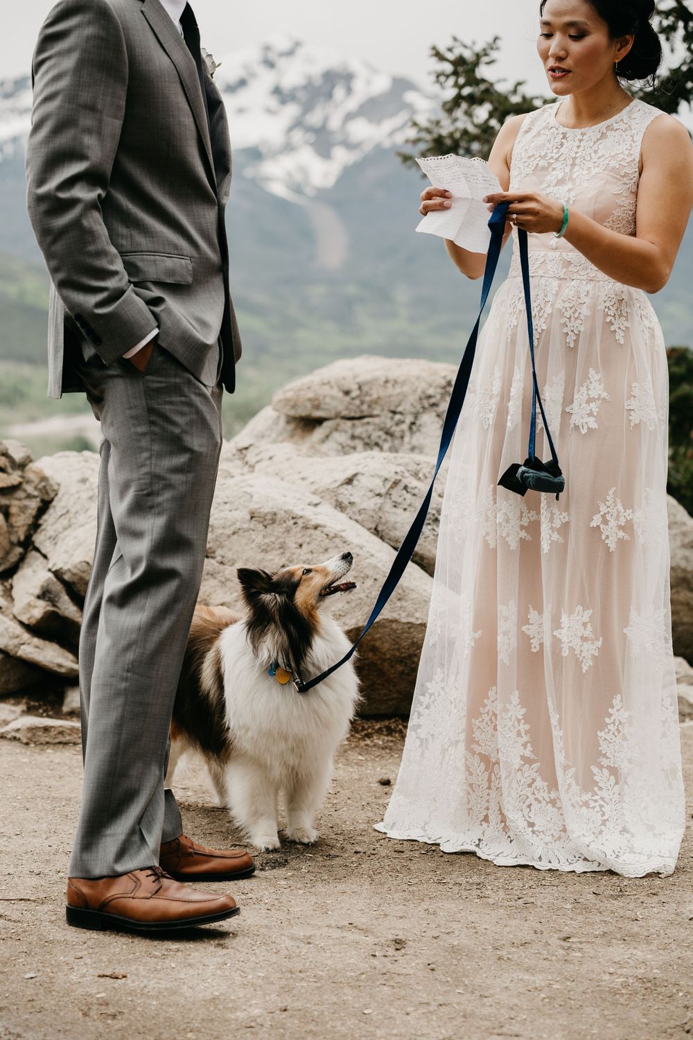 Exchanging vows boho wedding with dog Colorado