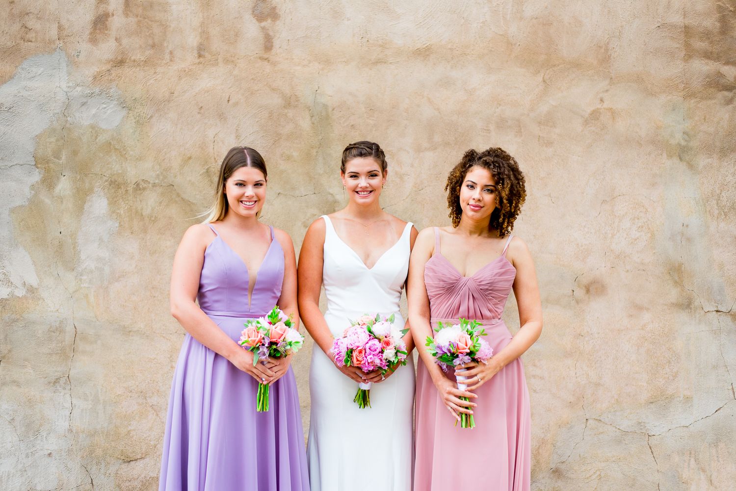 bridesmaids in pastel dresses, bride standing, colorful pastel bouquet, outside, Benison, Cincinnati OH