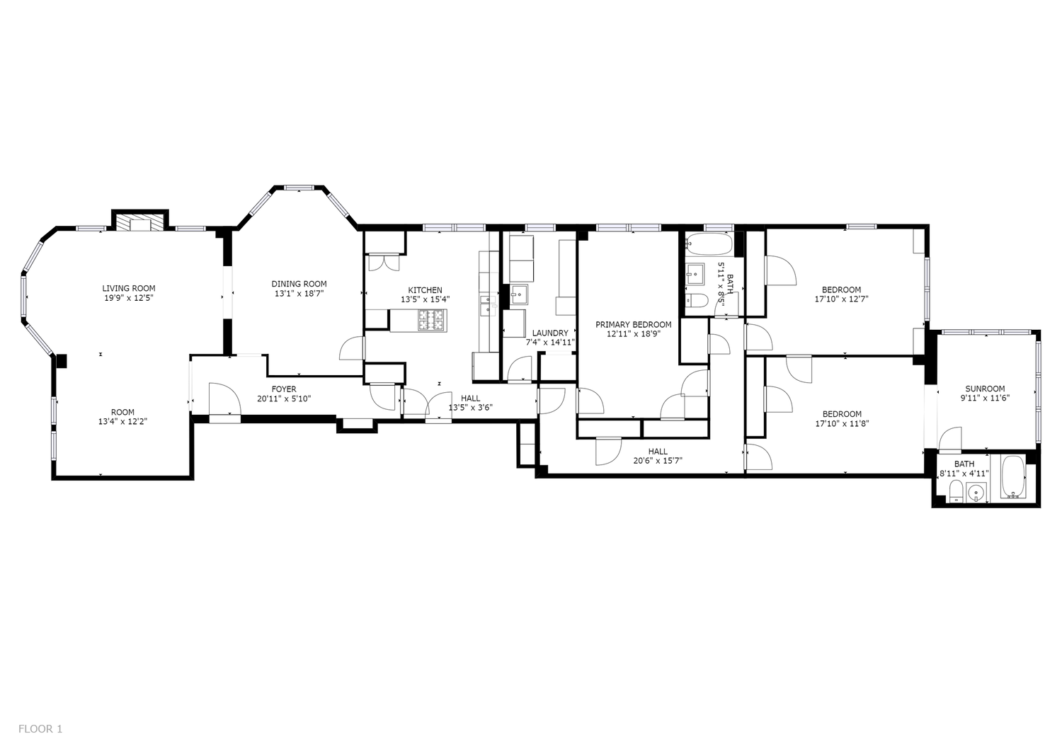 Black and white architectural floor plan showing layout of residential space with multiple rooms and angled walls.