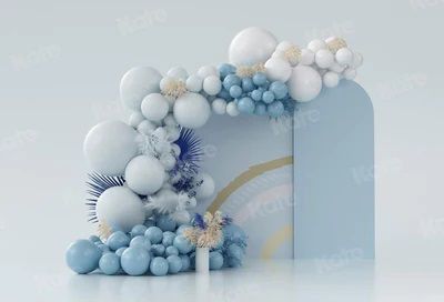 Modern arch backdrop with blue and white balloon installation.