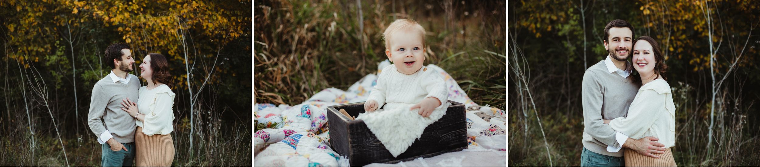 Photos of the son and his wife with a photo of their son sitting in a wooden box outside.