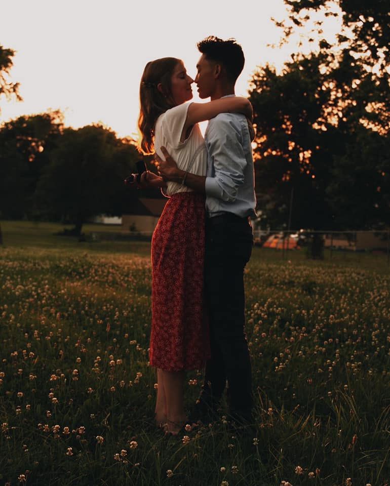 Shounam Ches engaged to Jenny Faybik on July 4th, 2020. Looking at each other intimately.