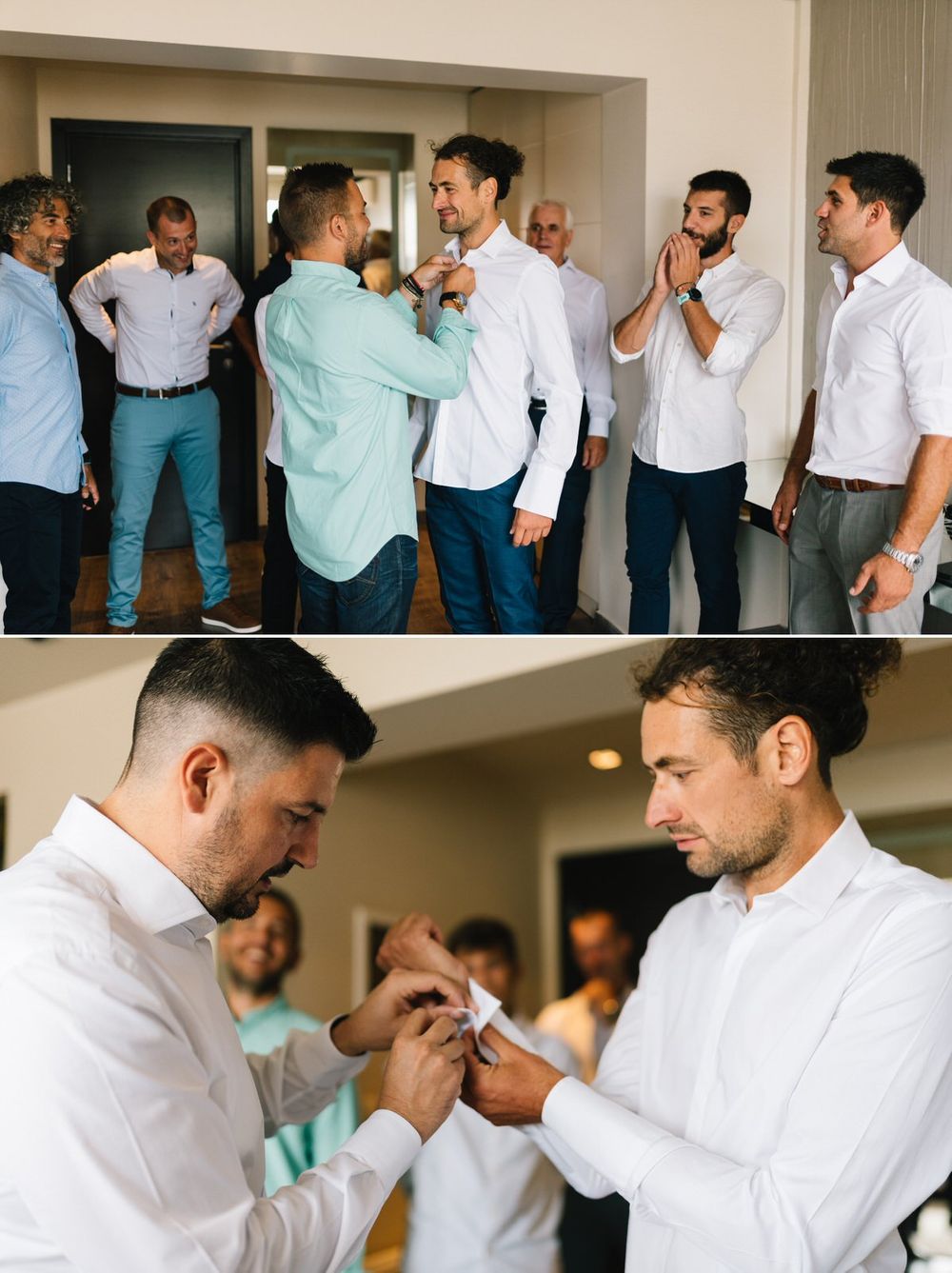 Wedding party helping each other get ready and adjusting their formal attire.