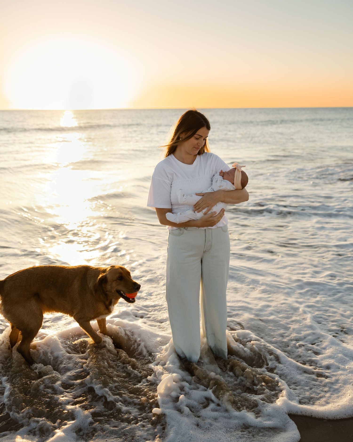 A person holding a baby stands on a beach at sunset with a brown dog playing in the surf.