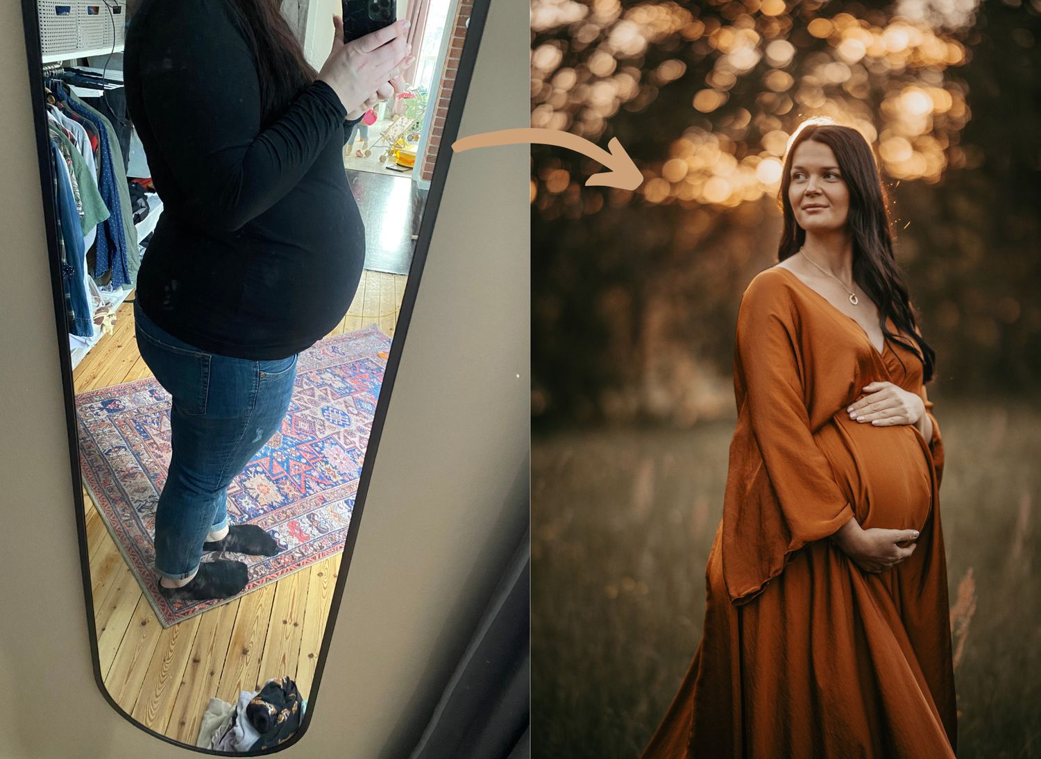 A before and after maternity comparison showing pregnancy progression in artistic style.