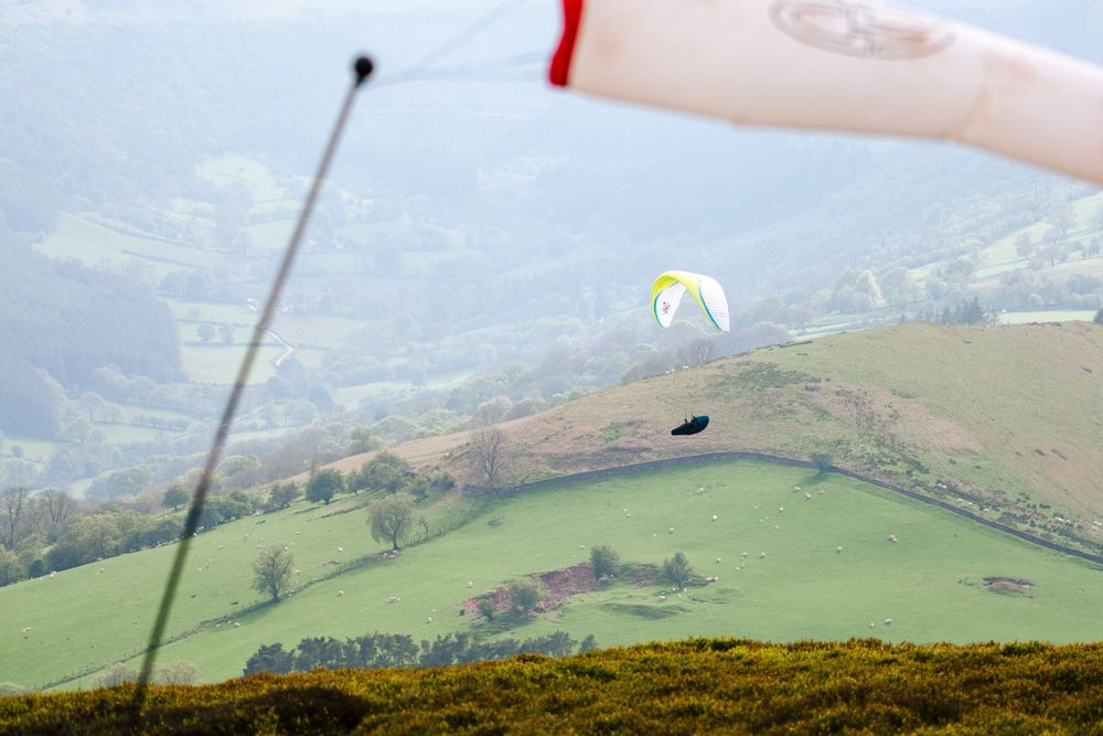 Multiple paragliders soaring over green rolling hills and valleys on a clear day.