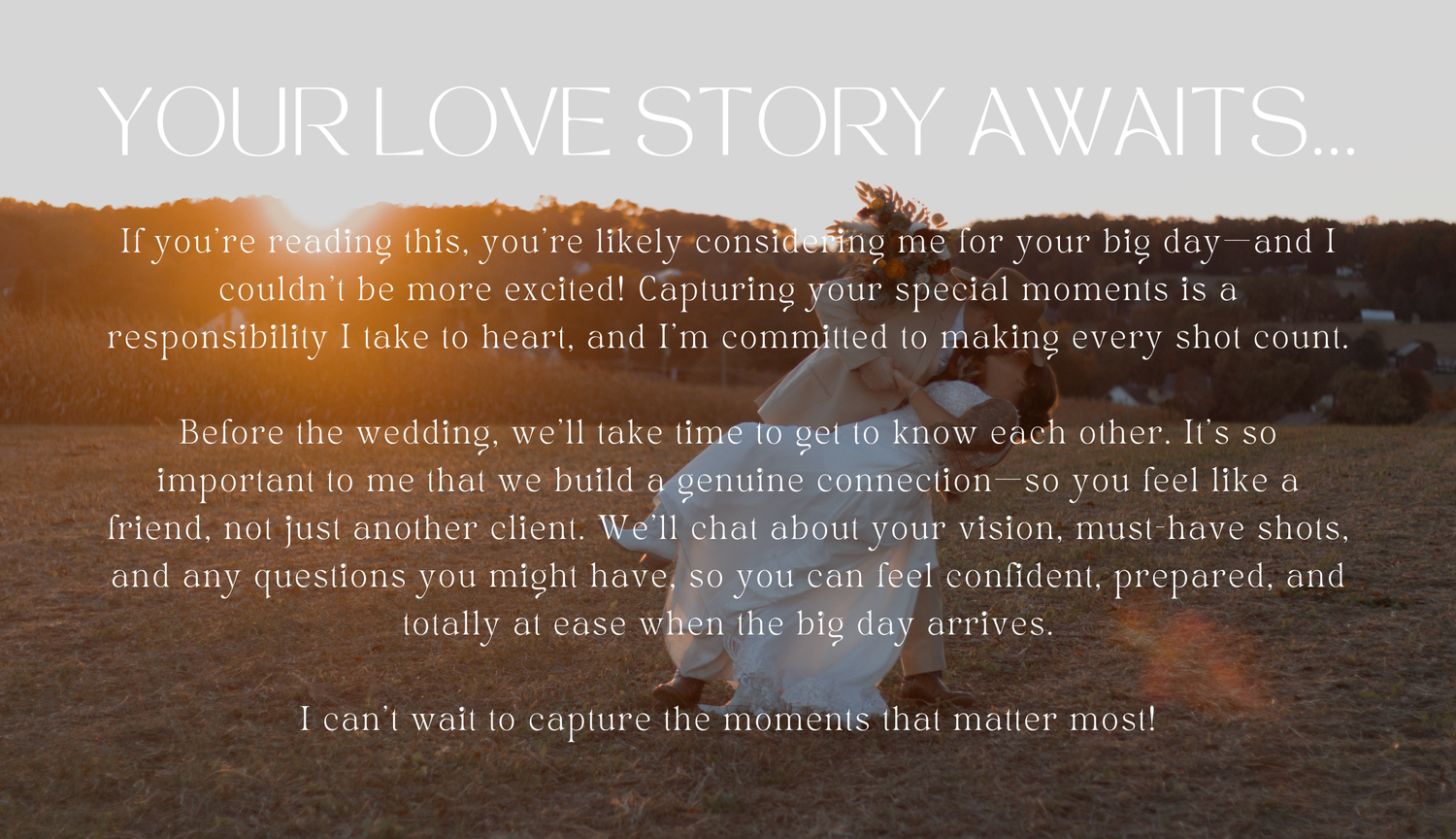 Sunset wedding photography text overlay on mountain landscape background.