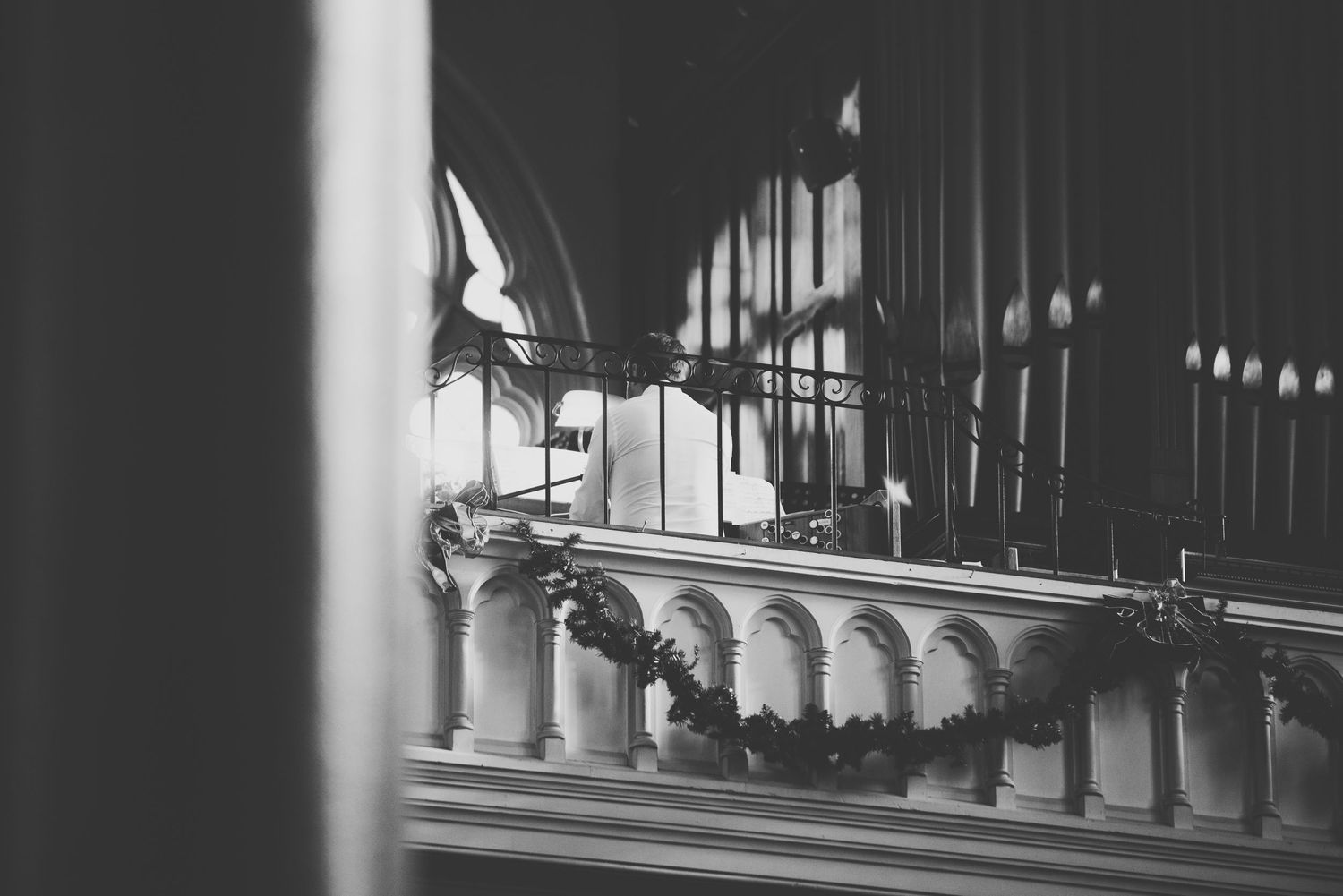 black and white photo of the organ being played at st andrew's cathedral in victoria british columbia