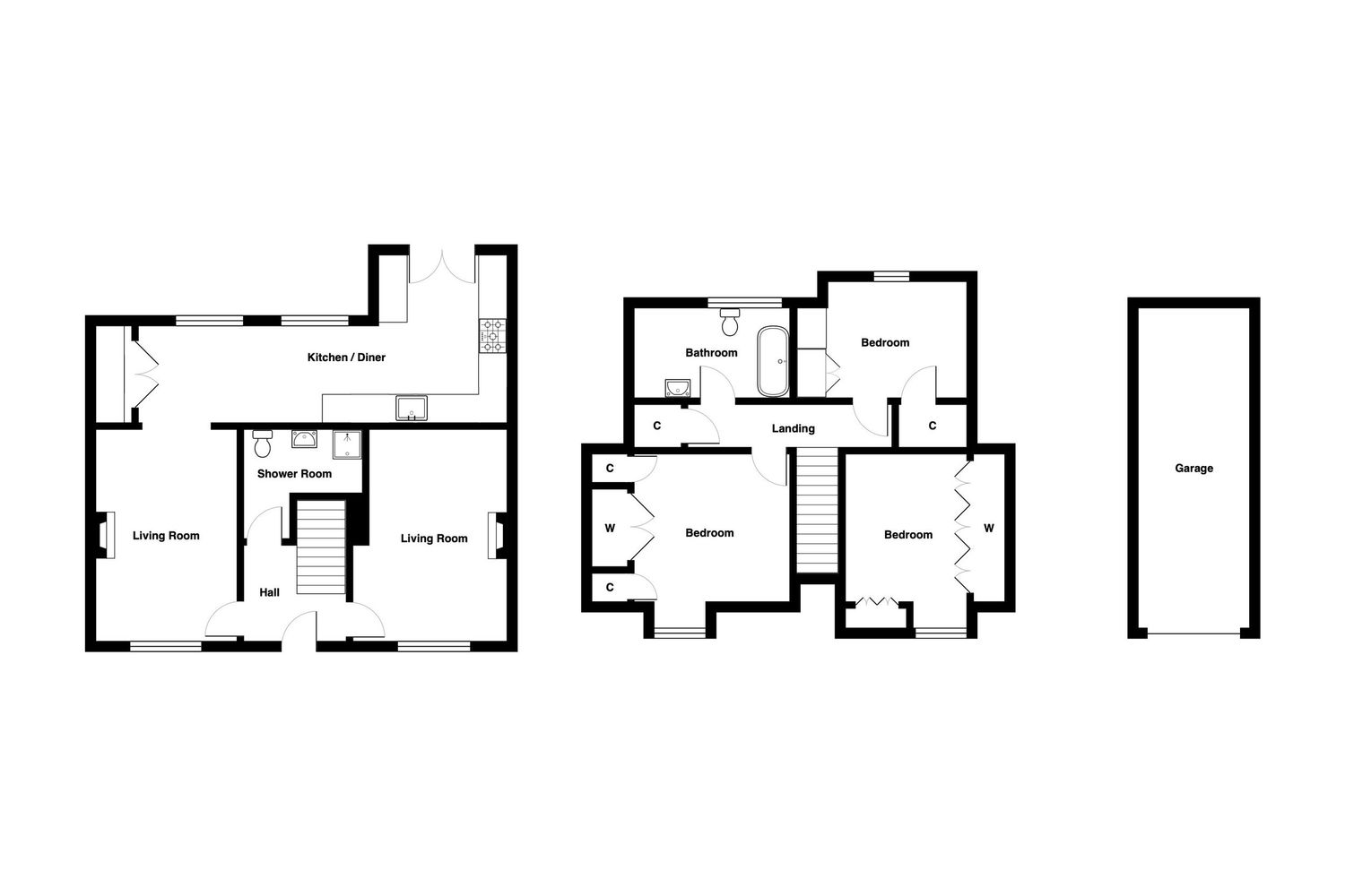 Architectural floorplan showing two floors and a side elevation with multiple rooms and detailed layout dimensions.