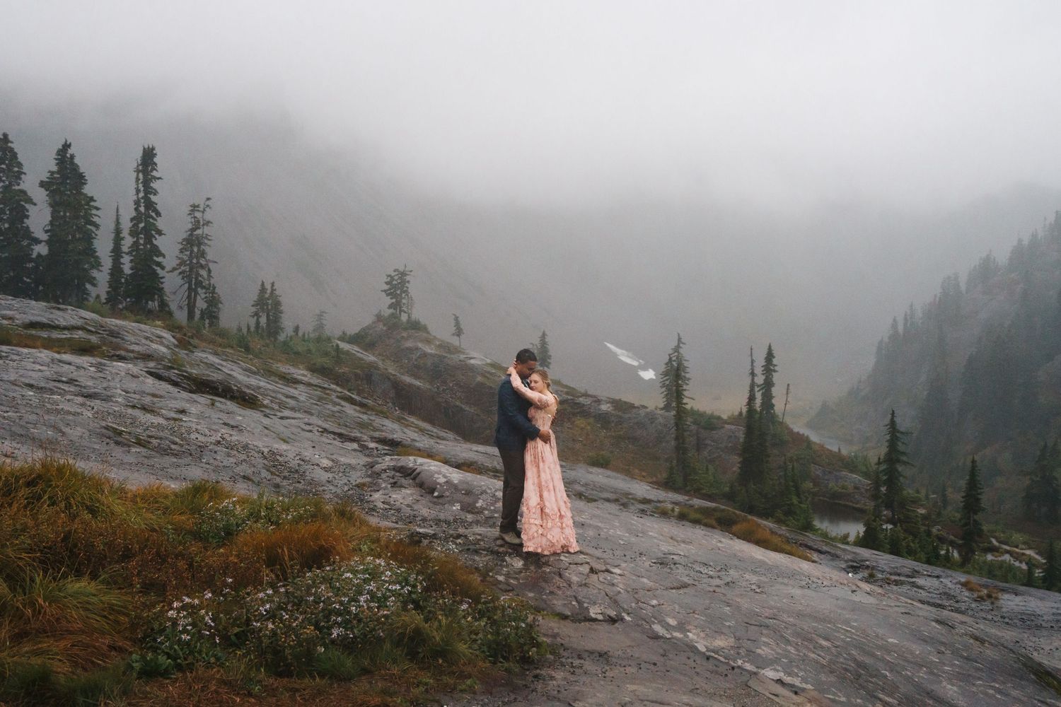 A scenic mountain landscape series showing misty evergreen forests, rocky terrain, and moody weather conditions in nature.