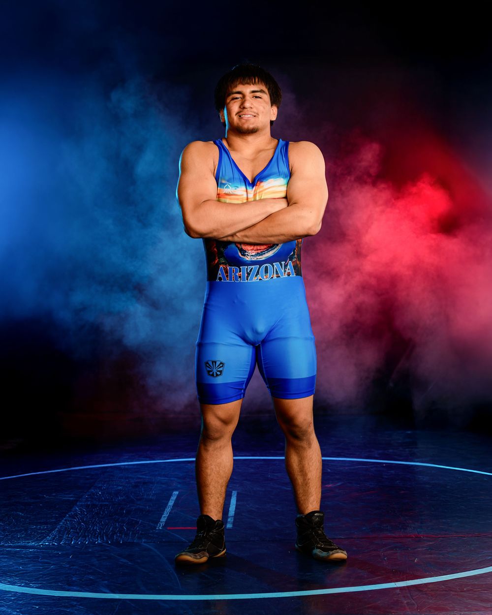 Arizona wrestler in team gear during 2025 Junior National Duals media day photo shoot