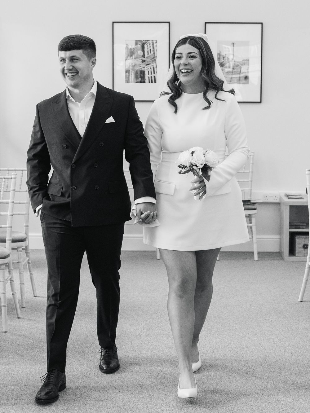 A series of cropped black and white photos showing couples walking together in formal attire.