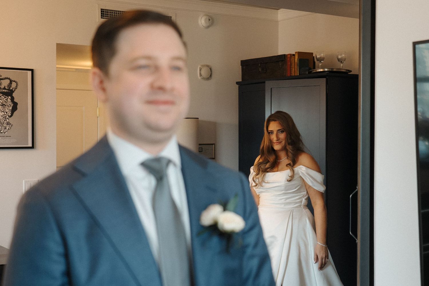 A collection of wedding photos with people in formal attire preparing and celebrating in an indoor setting.