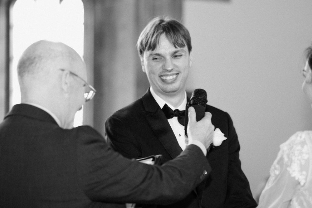 Emotional wedding ceremony moments captured in sequence of black and white photos.