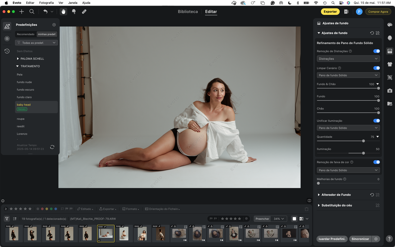Photographer edits a maternity photoshoot in Capture One Pro editing software on a computer screen.