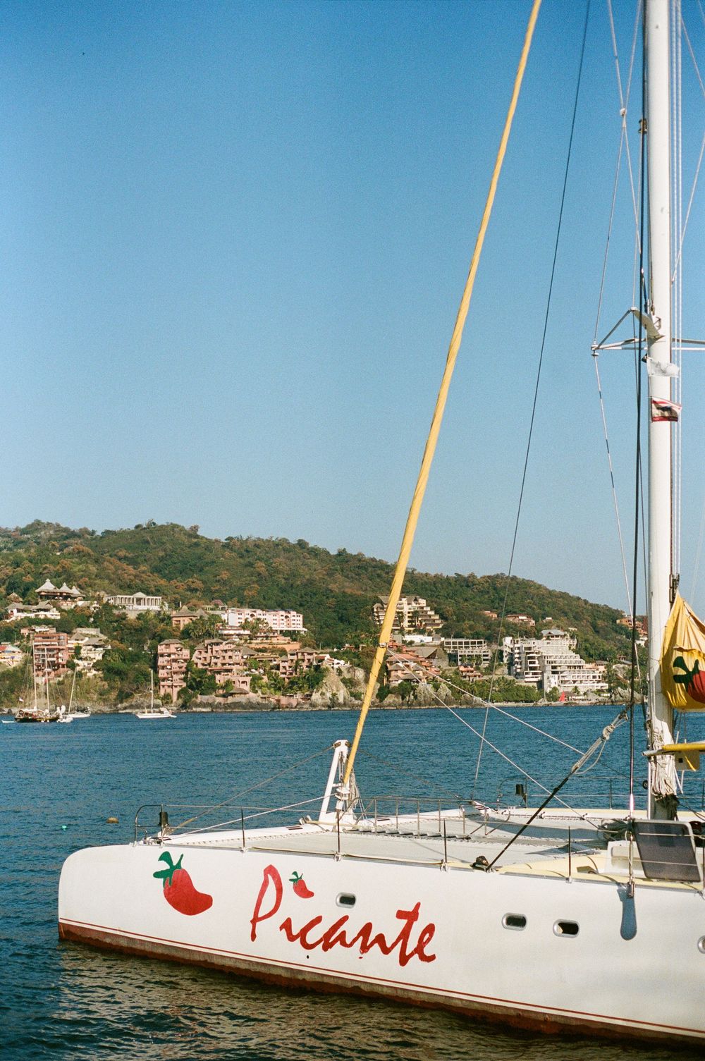 White sailboat named Picante moored in a bay with hillside houses in the background.