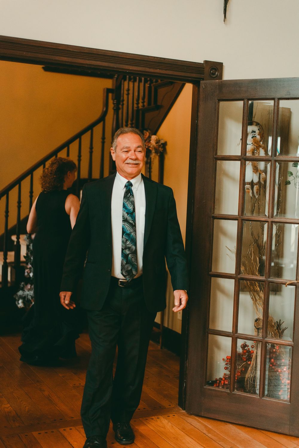 Emotional first look of father of bride seeing her in wedding dress for the first time