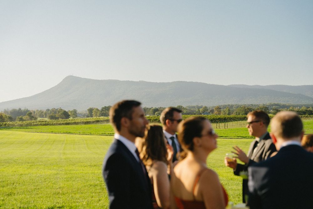 Wedding guests gather on a green lawn with mountain views during an outdoor ceremony.