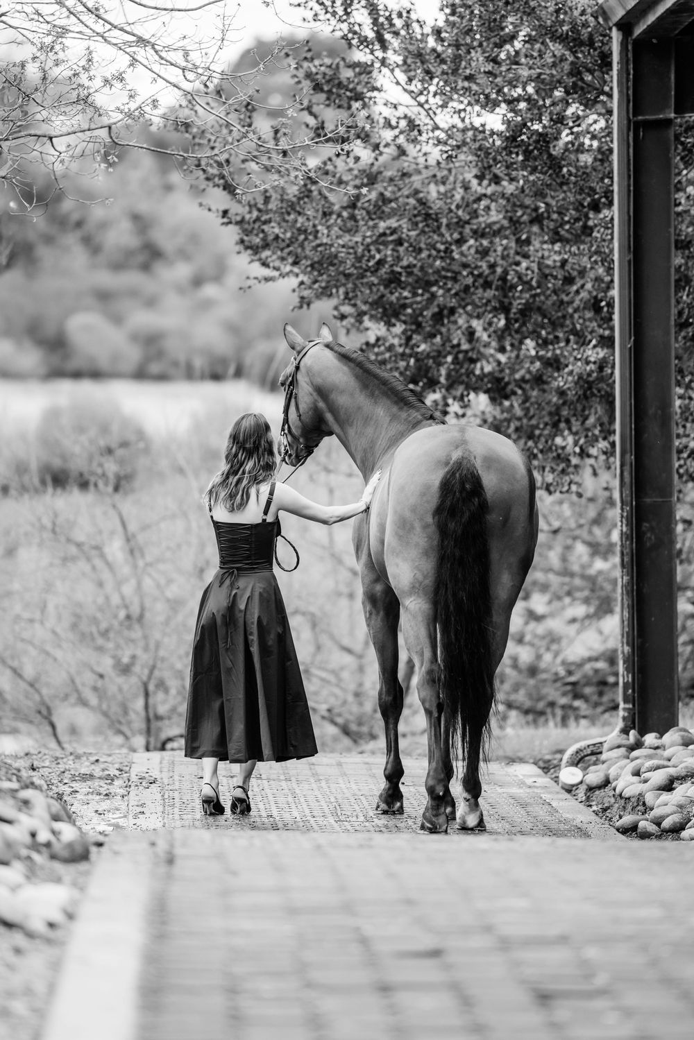 A black and white photo showing someone in a dress petting a horse on a brick path next to trees.
