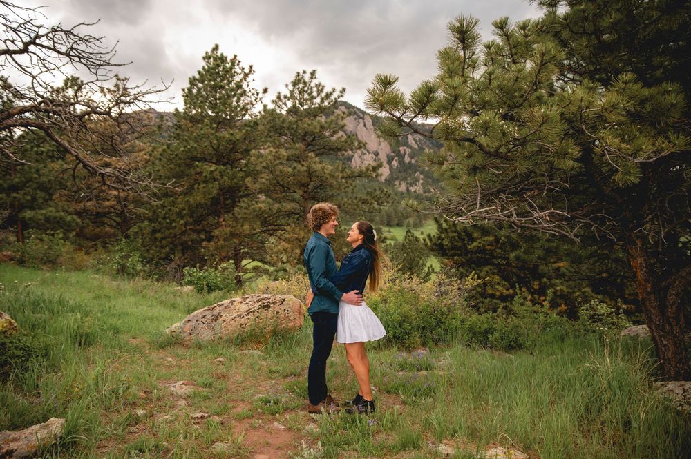 A romantic moment captured in a meadow with pine trees and mountains in the scenic backdrop on an overcast day.