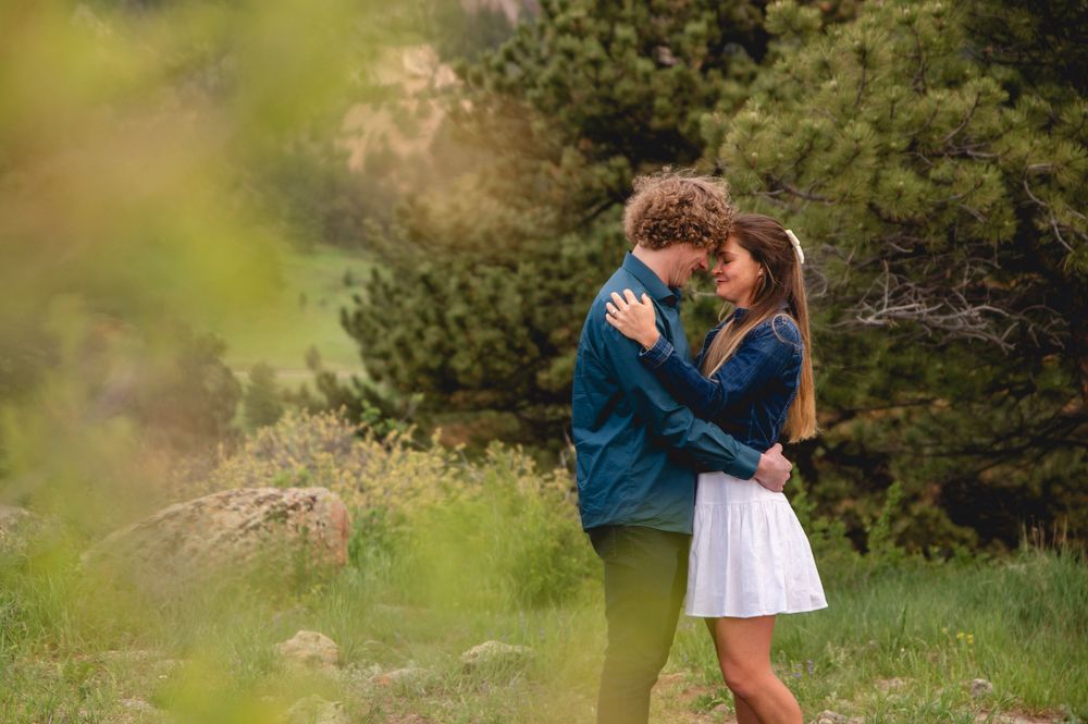 A romantic embrace in nature with pine trees and soft lighting creating an intimate outdoor moment.